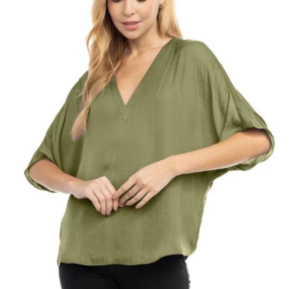 Wine V-Neck Flowy Blouse Dropped Sleeves - Picture 3 of 4
